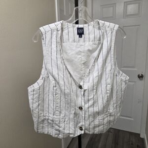 GAP Cotton And Linen Blend White and Black Striped Vest